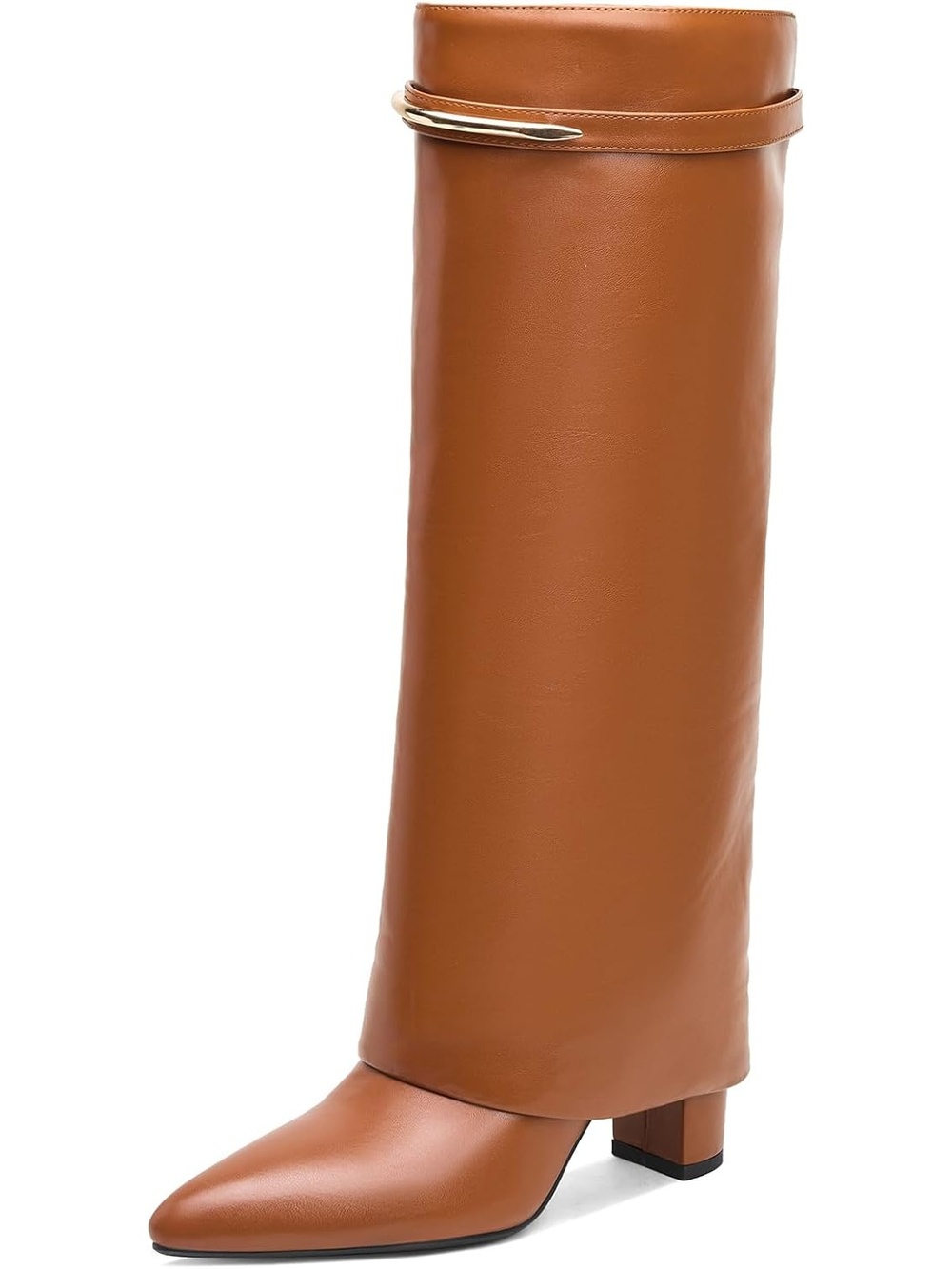 Women's Caramel Pu Fold Over Shark Chunky Heel Half Side Zipper Knee High Boots
